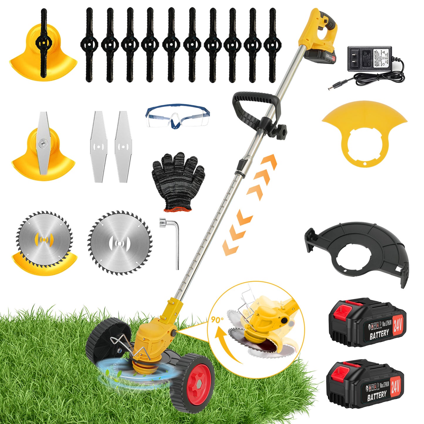 24V Weed Wacker, 3-in-1 Cordless Weed Eater with Wheels, Blades, 2*2000mAh Batteries & Fast Charger, Weed Trimmer for Garden, Yard, Lawn, Patio