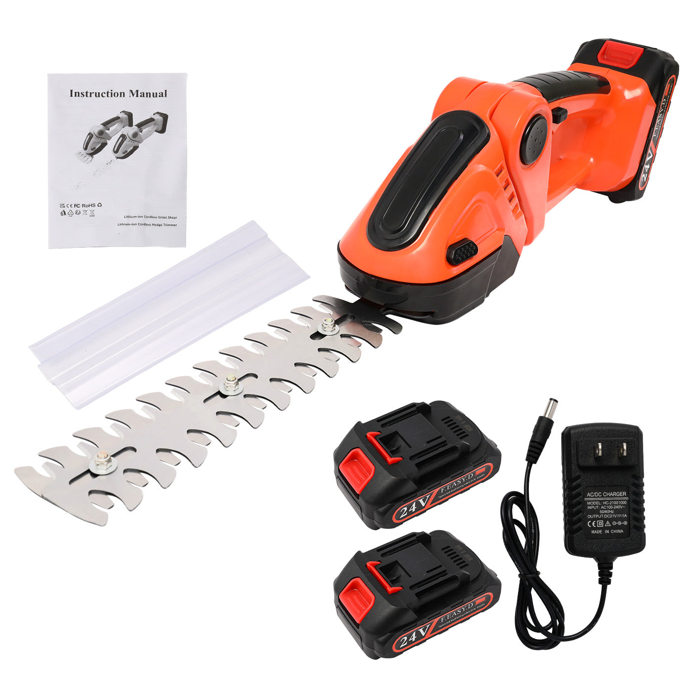 2-in-1 Cordless Hedge Trimmer, 24V Electric Hedge Trimmer with 2 Batteries and Charger for Garden and Lawn Maintenance, Orange