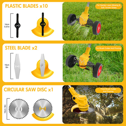 24V 3-in-1 Cordless Weed Wacker with Wheels, Cordless Grass Trimmer with 1*2000mAh Battery Powered Lawn Garden Tool
