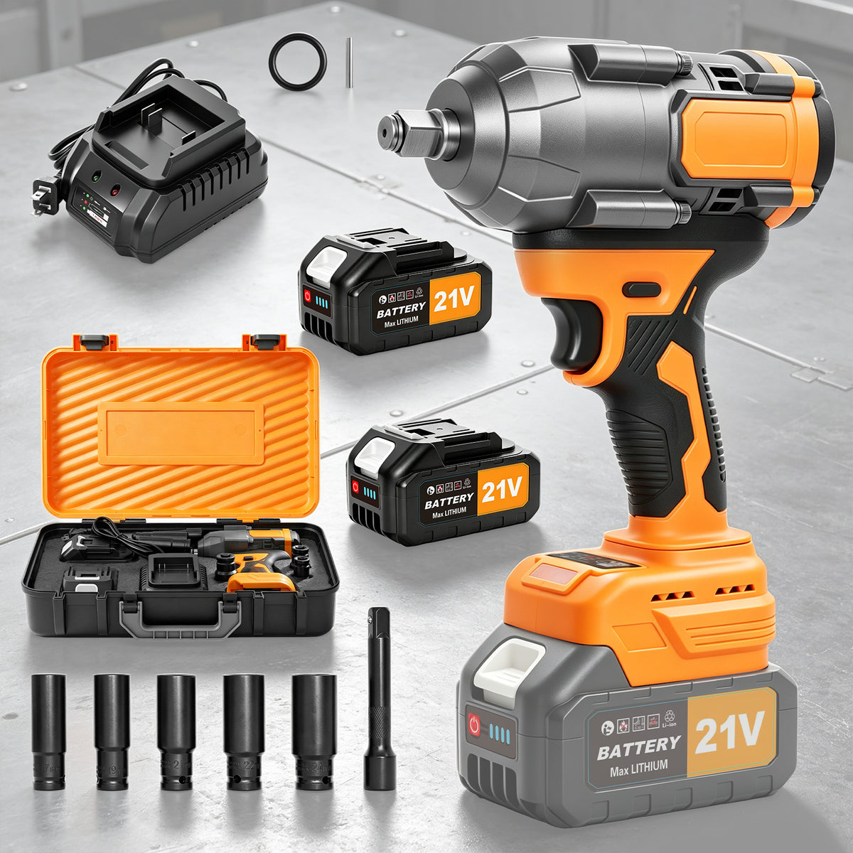1000Nm Cordless Impact Wrench, 21V Impact Wrench 1/2 inch, High Efficiency Brushless Motor with Fast Charger and 2 x 3.0Ah Battery