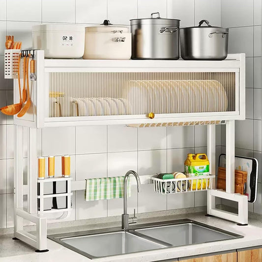 Over The Sink Dish Drying Rack, 2 Tier Metal Steel Dish Drying Racks for Kitchen Counter with Hooks Paper Towel Utensil Cup Holder Sink Caddy (White-29.34"L)