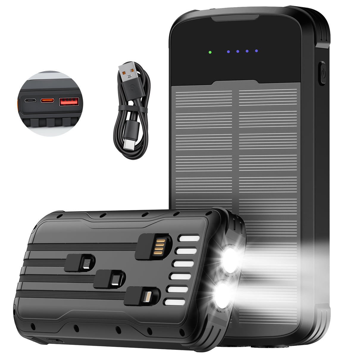 40000mAh Solar Power Bank Black, Portable Charger 20W PD Fast Charging, Solar Charger Power Bank W/4 Built-in Cables & 9 Charging Ways, Waterproof Dual LED Flashlights for Camping Hiking