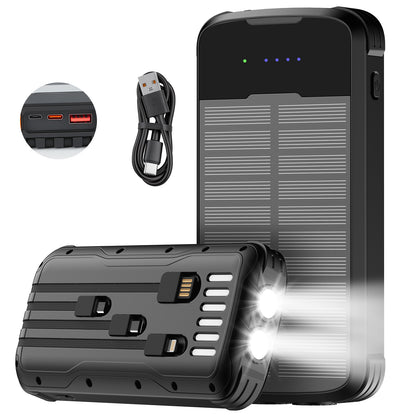 40000mAh Solar Power Bank Black, Portable Charger 20W PD Fast Charging, Solar Charger Power Bank W/4 Built-in Cables & 9 Charging Ways, Waterproof Dual LED Flashlights for Camping Hiking