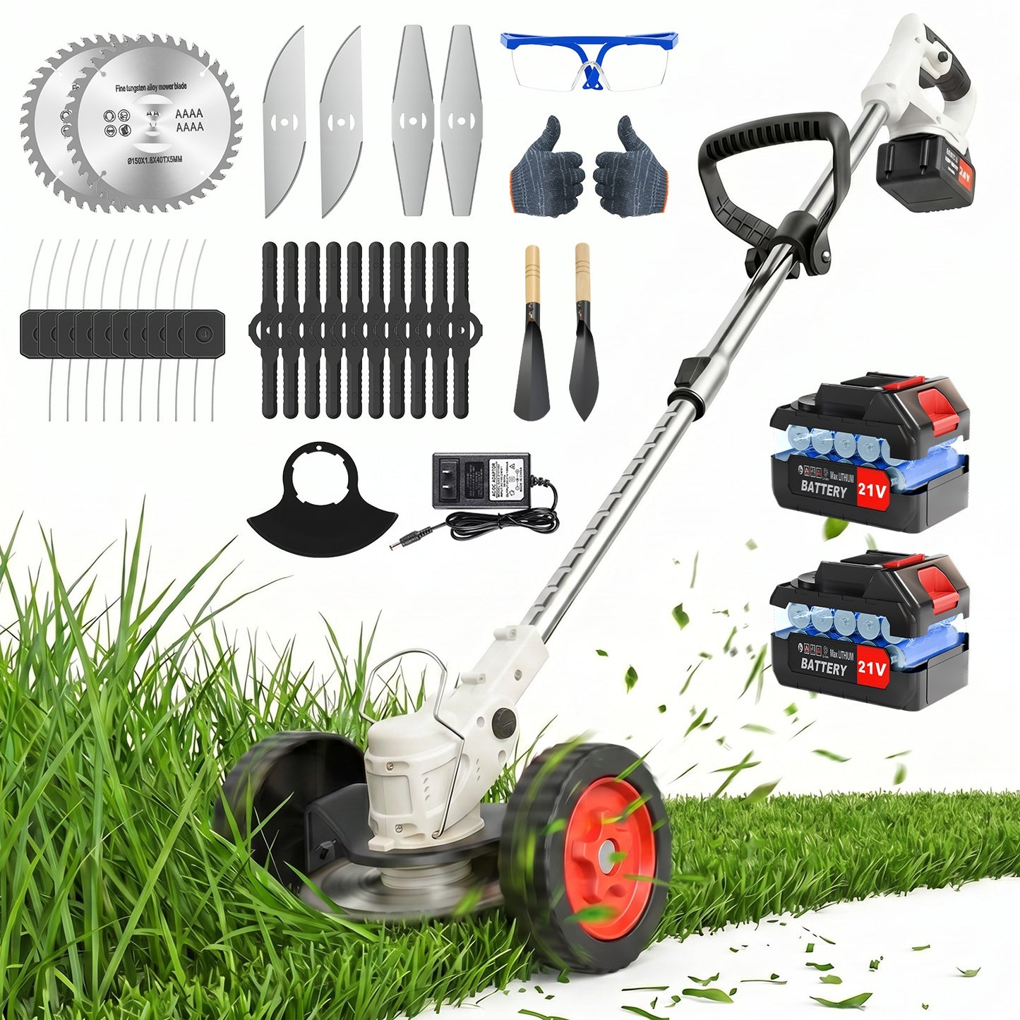 Weed Eaters, Cordless Weed Trimmer with Wheels, 2Pcs 4000mAh Batteries, Adjustable Length, 650W Grass Trimmer/Edger/Brush Cutter for Lawn Yard Garden Maintaining (White)