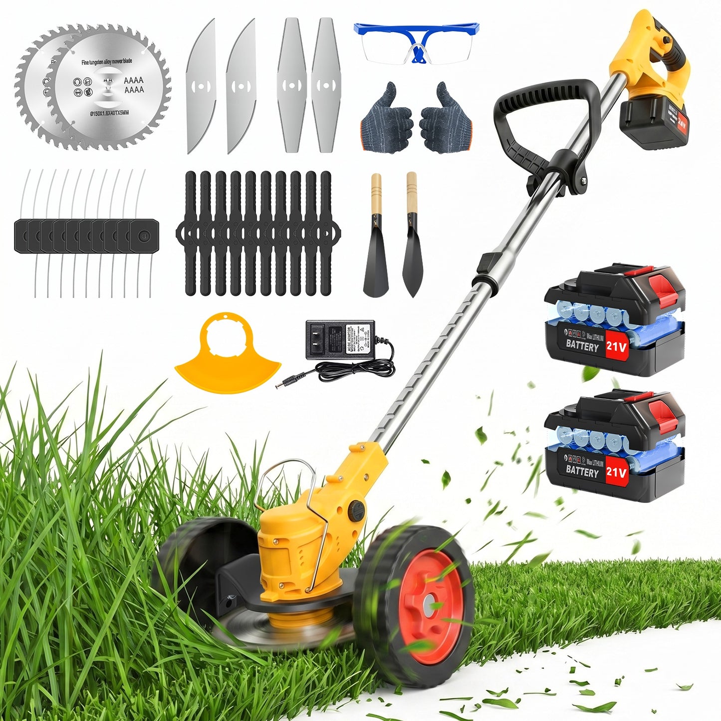 Weed Eaters, Cordless Weed Trimmer with Wheels, 2Pcs 4000mAh Batteries, Adjustable Length, 650W Grass Trimmer/Edger/Brush Cutter for Lawn Yard Garden Maintaining (Yellow)