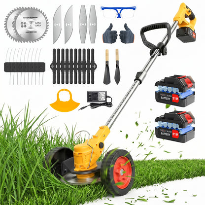 Weed Eaters, Cordless Weed Trimmer with Wheels, 2Pcs 4000mAh Batteries, Adjustable Length, 650W Grass Trimmer/Edger/Brush Cutter for Lawn Yard Garden Maintaining (Yellow)