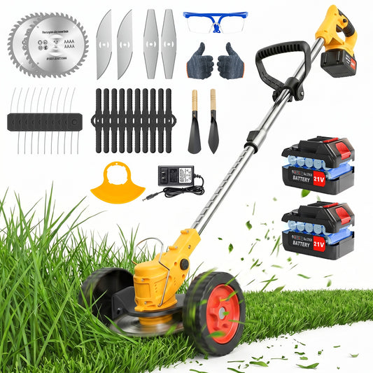 Weed Eaters, Cordless Weed Trimmer with Wheels, 2Pcs 4000mAh Batteries, Adjustable Length, 650W Grass Trimmer/Edger/Brush Cutter for Lawn Yard Garden Maintaining (Yellow)