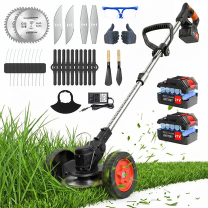 Weed Eaters, Cordless Weed Trimmer with Wheels, 2Pcs 4000mAh Batteries, Adjustable Length, 650W Grass Trimmer/Edger/Brush Cutter for Lawn Yard Garden Maintaining (Black)