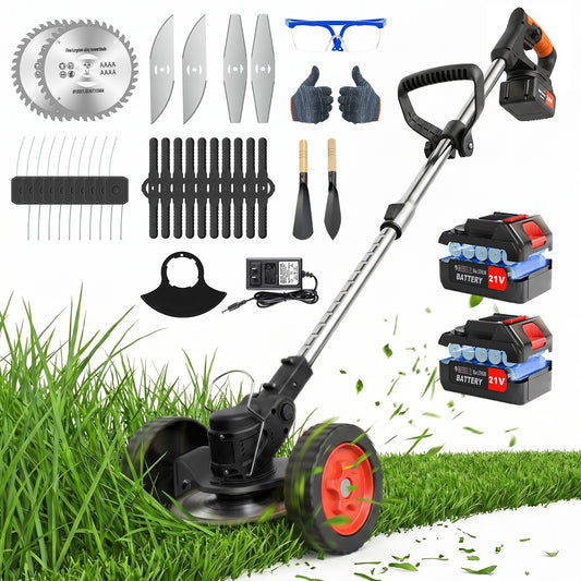 Weed Eaters, Cordless Weed Trimmer with Wheels, 2Pcs 4000mAh Batteries, Adjustable Length, 650W Grass Trimmer/Edger/Brush Cutter for Lawn Yard Garden Maintaining (Black)