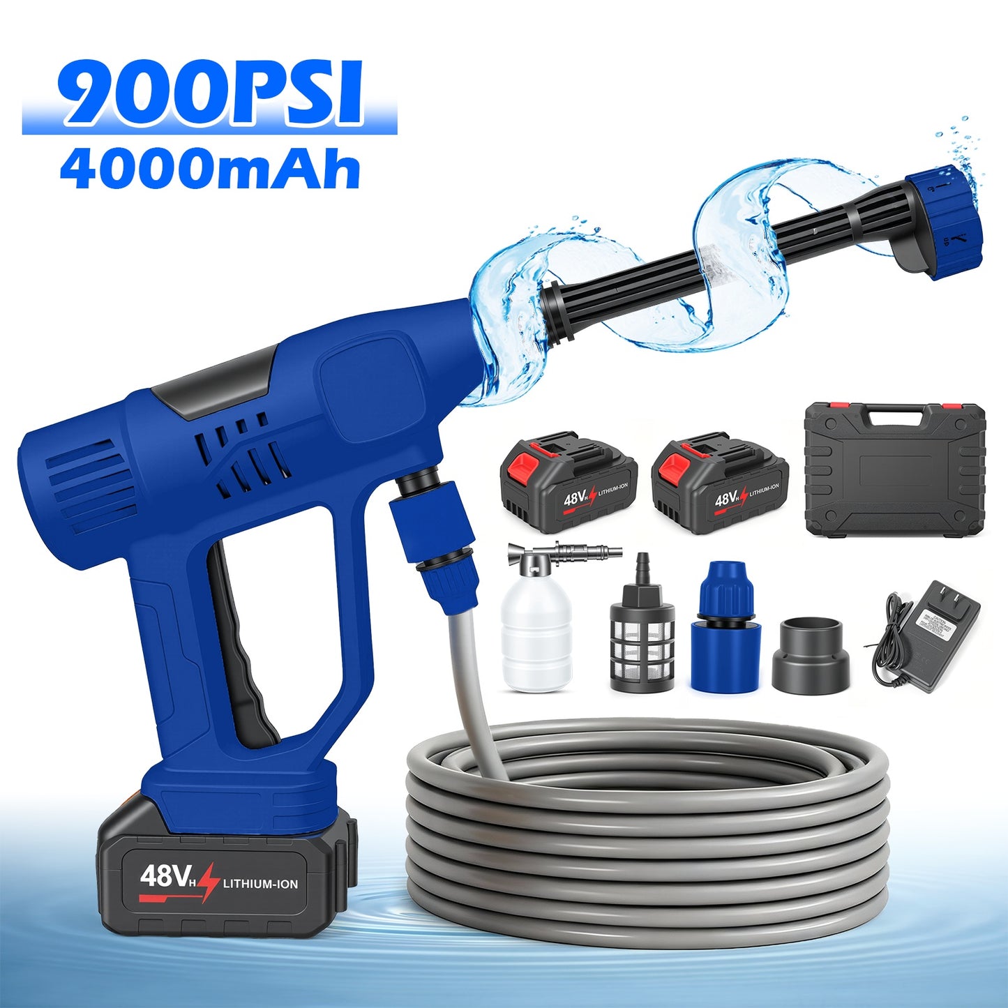 BAOKALER 21V Portable Cordless Pressure Washer, 900PSI High Pressure Washer with 10-Speed Adjustment, 6-in-1 Nozzle, Dual 4.0Ah Batteries for Watering Plants, Garden,Car, Floor Cleaning