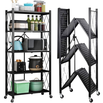 Storage Shelves, 5-Tier Foldable Metal Shelf with Lockable Wheels, Kitchen rolling Cart, Metal Garage Shelf No Assembly, Large Capacity Utility Cart for Garage, Kitchen Basement Pantry, Black