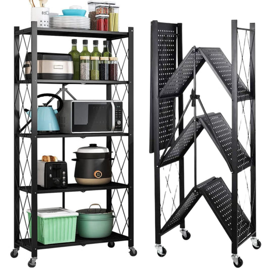 Storage Shelves, 5-Tier Foldable Metal Shelf with Lockable Wheels, Kitchen rolling Cart, Metal Garage Shelf No Assembly, Large Capacity Utility Cart for Garage, Kitchen Basement Pantry, Black