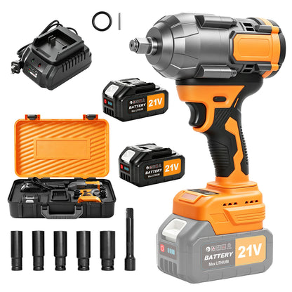 1000Nm Cordless Impact Wrench, 21V Impact Wrench 1/2 inch, High Efficiency Brushless Motor with Fast Charger and 2 x 3.0Ah Battery