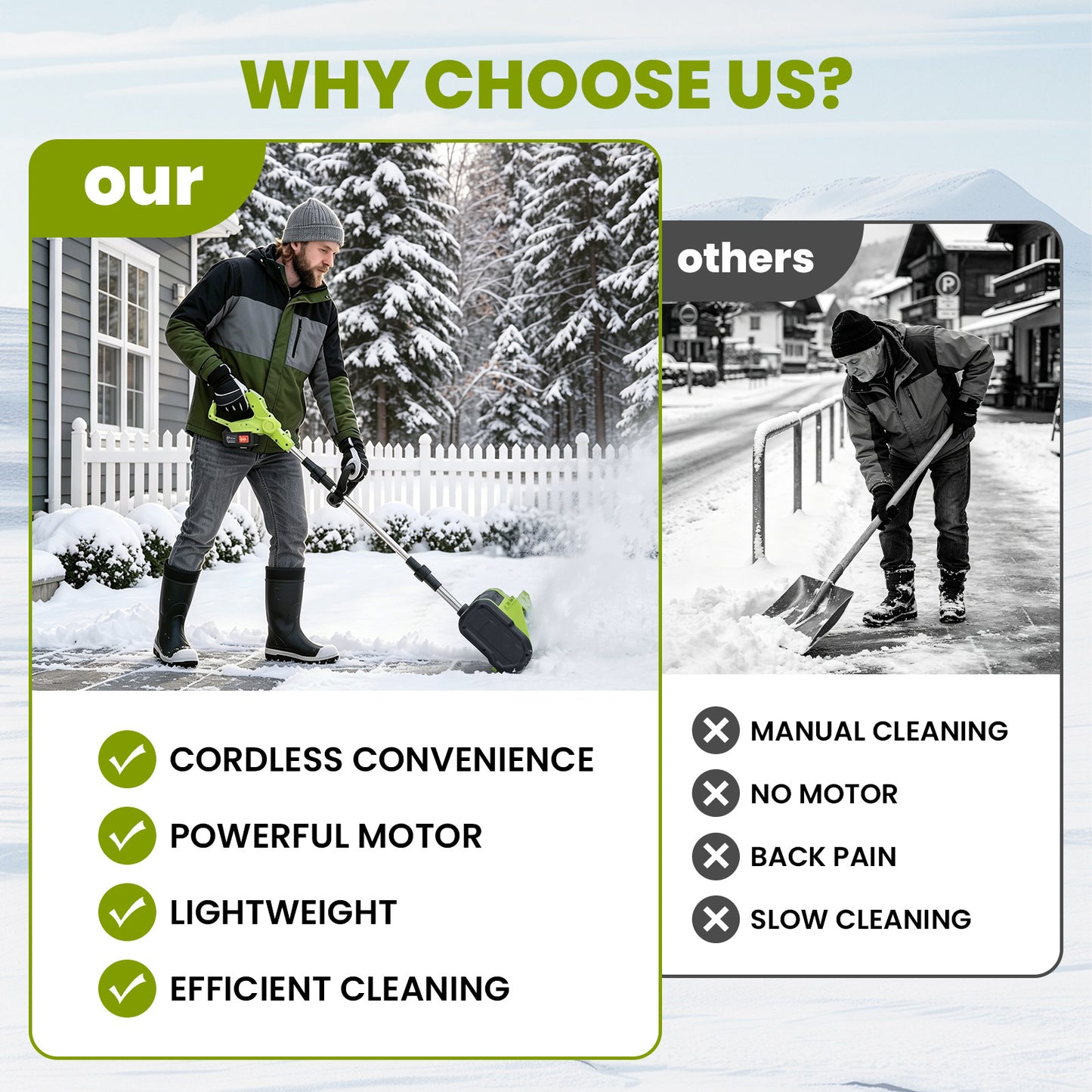 BAOKALER 21V 11inch Cordless Snow Shovel, 6.6lbs Lightweight Electric Snow Blower with 2 x 4.0Ah Battery & Fast Charger for Driveway & Sidewalks,Green