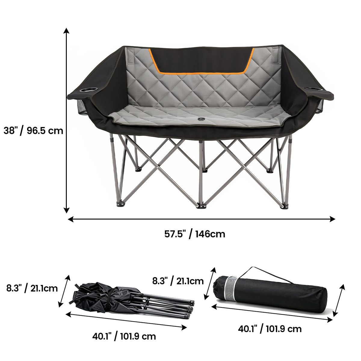 BAOKALER Double Camping Chair for 2 Person, Heavy Duty Folding Loveseat Outdoor Chair with Cup Holders and Armrests, Supports 660 LBS, Portable Oversized Couch for Beach Picnic Travel