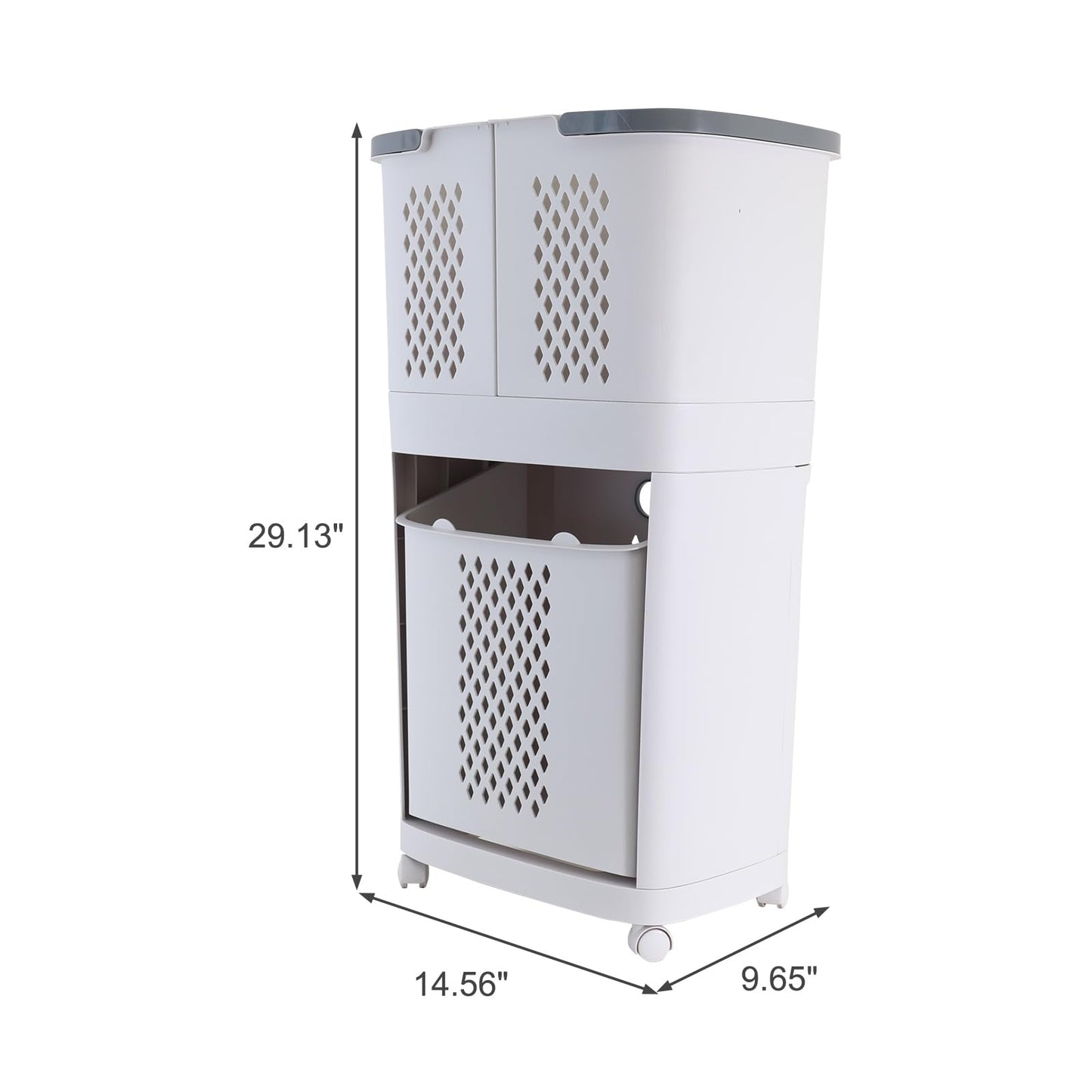 2 Tier Rolling Laundry Hamper Sorter, Removable Laundry Basket Cart with Wheels and Handle, White Portable Storage Baskets with 3 Deep Baskets for Kitchens, Bathrooms, Bedrooms and Laundry Rooms