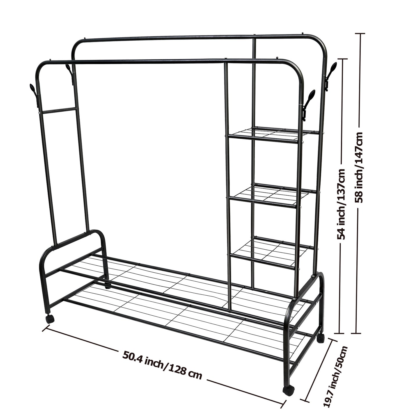 ALSO GO 3-In-1 Double Rod Clothes Rack with 4-Shelf, Metal Clothing Rack with Wheels & 4 Hooks, Portable Heavy Duty Garment Rack with Double Bottom Shelves, Freestanding Organizer for Bedroom, Black