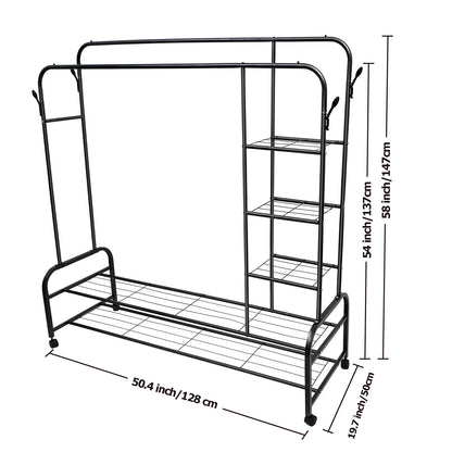 ALSO GO 3-In-1 Double Rod Clothes Rack with 4-Shelf, Metal Clothing Rack with Wheels & 4 Hooks, Portable Heavy Duty Garment Rack with Double Bottom Shelves, Freestanding Organizer for Bedroom, Black