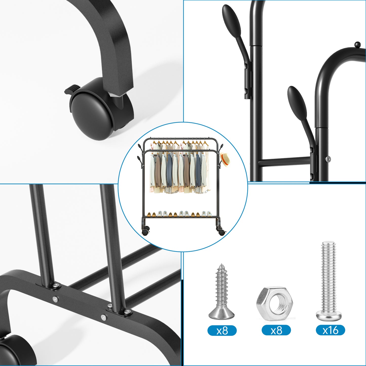 Clothes Rack with Wheels, Double Rods Clothing Rack for Hanging Clothes, Heavy Duty Garment Racks for Hanging Clothes, 4 Hooks, Multi-functional Bedroom Clothes Rack, Black