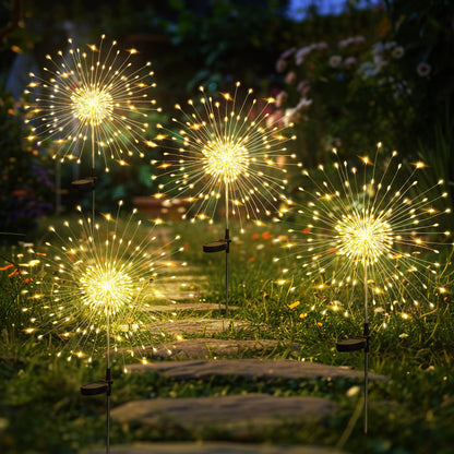Solar Lights Outdoor Decorative, Solar Garden Lights, 4 Pack Firework Stake Lights for Garden Decor, Unique Gifts for Women, Gifts for Grandma, Warm White - 120 LED