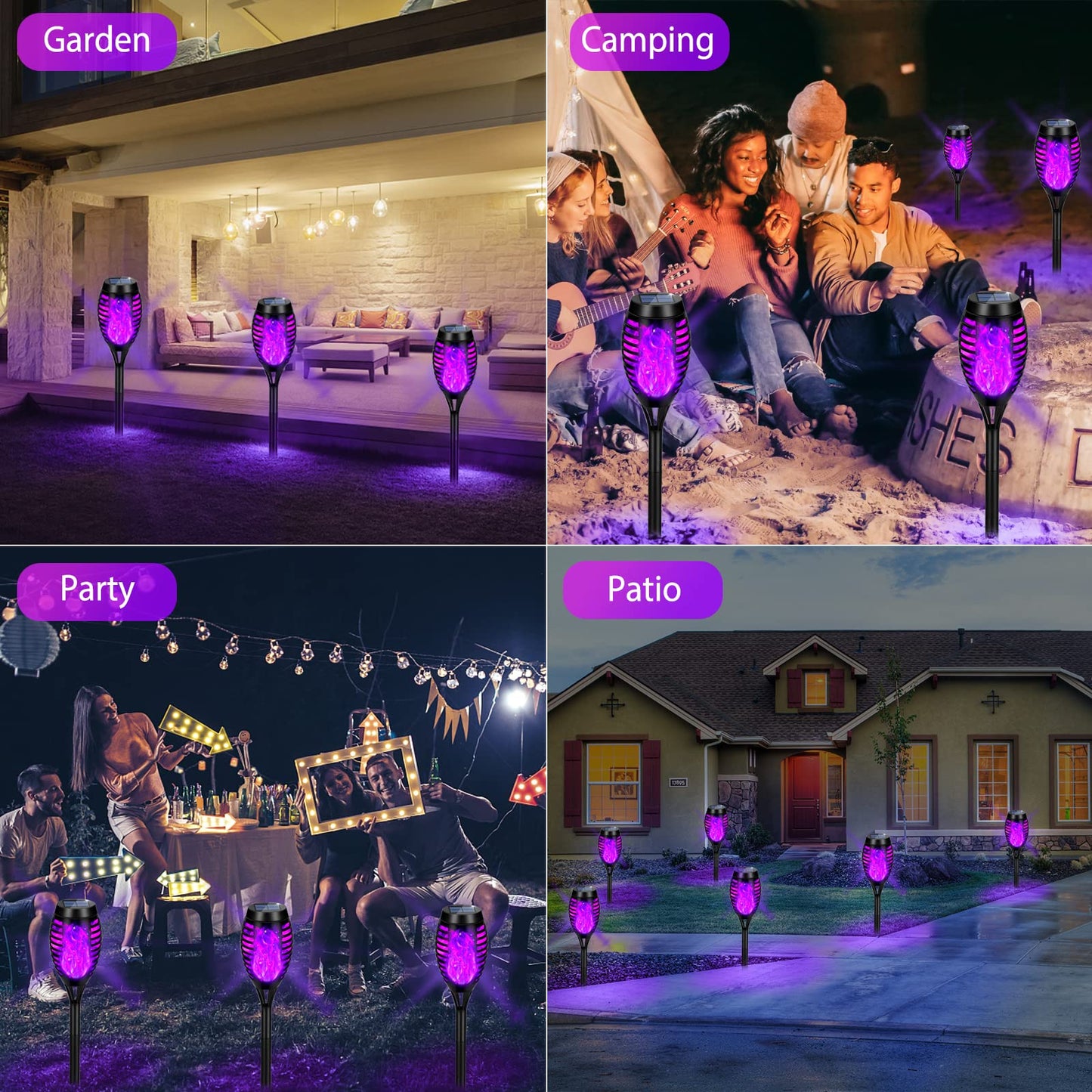 12 Pack Solar Tiki Torches, Flickering Yard Lights Outdoor Solar Powered Waterproof, Solar Pathway Lights for Garden Decor, Yard Decor, Landscape, Purple LED