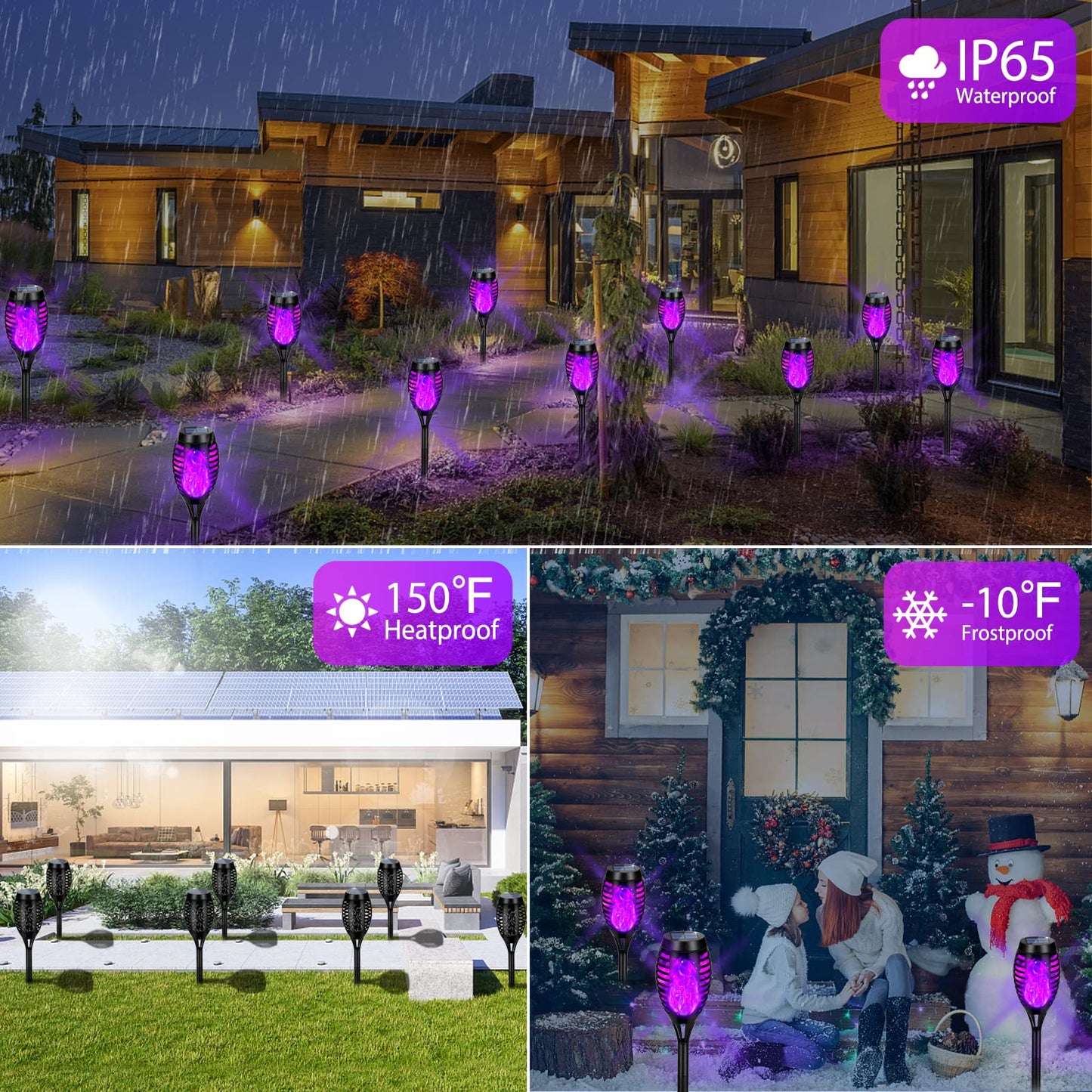 12 Pack Solar Tiki Torches, Flickering Yard Lights Outdoor Solar Powered Waterproof, Solar Pathway Lights for Garden Decor, Yard Decor, Landscape, Purple LED