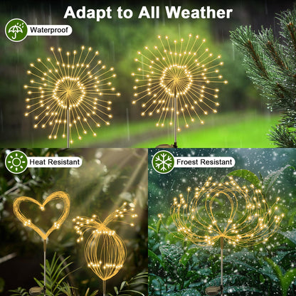 Solar Lights Outdoor Decorative, Solar Garden Lights, 4 Pack Firework Stake Lights for Garden Decor, Unique Gifts for Women, Gifts for Grandma, Warm White - 120 LED