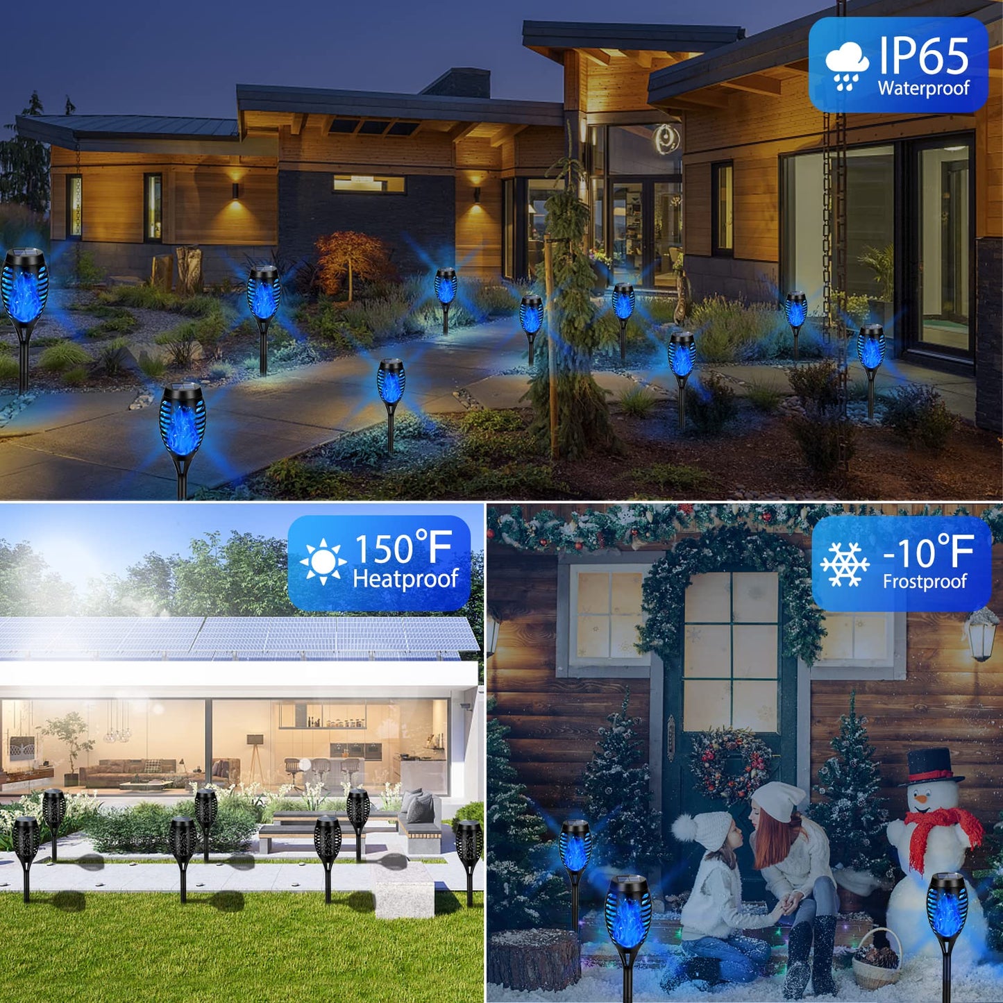 Solar Powered Outdoor Lights, 12PK Flickering Flame Solar Lights Outdoor Pathway, Solar Tiki Torches with Flickering Flame, Solar Garden Light Waterproof for Yard Decor, Landscape, Patio, Blue LED