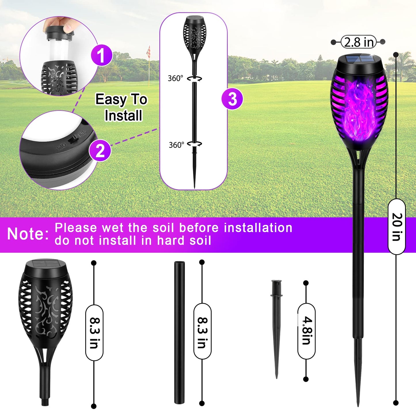 12 Pack Solar Tiki Torches, Flickering Yard Lights Outdoor Solar Powered Waterproof, Solar Pathway Lights for Garden Decor, Yard Decor, Landscape, Purple LED