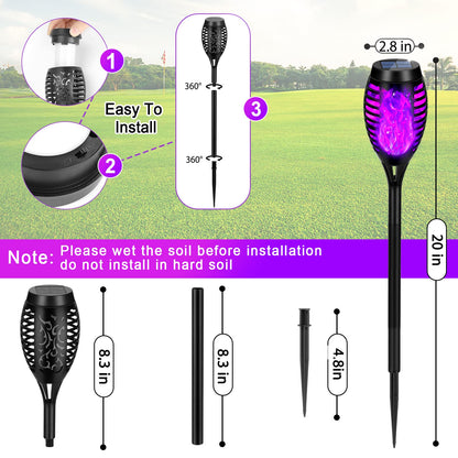 12 Pack Solar Tiki Torches, Flickering Yard Lights Outdoor Solar Powered Waterproof, Solar Pathway Lights for Garden Decor, Yard Decor, Landscape, Purple LED