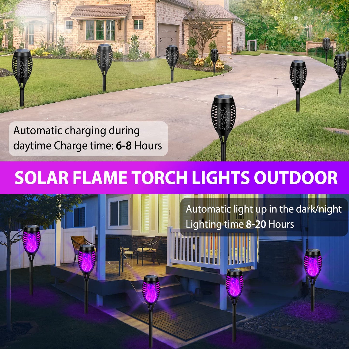 12 Pack Solar Tiki Torches, Flickering Yard Lights Outdoor Solar Powered Waterproof, Solar Pathway Lights for Garden Decor, Yard Decor, Landscape, Purple LED