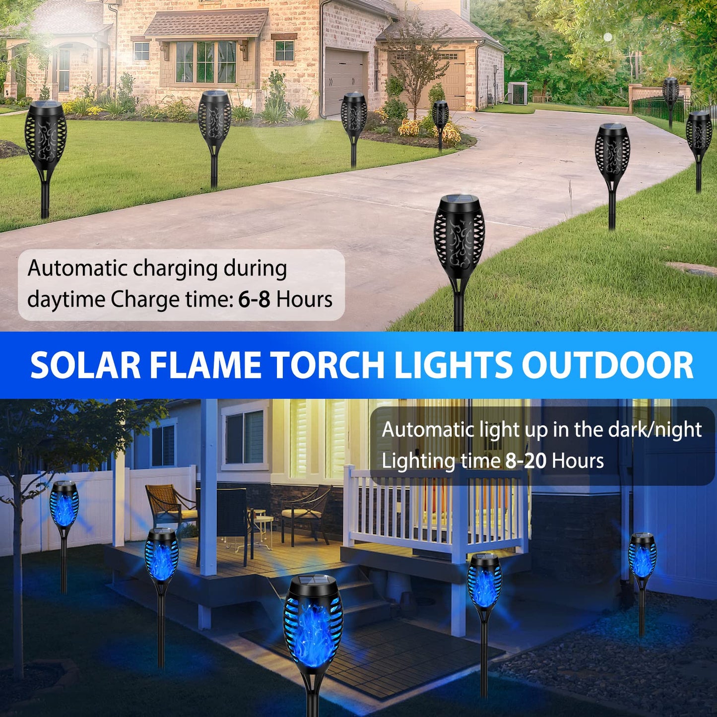 Solar Powered Outdoor Lights, 12PK Flickering Flame Solar Lights Outdoor Pathway, Solar Tiki Torches with Flickering Flame, Solar Garden Light Waterproof for Yard Decor, Landscape, Patio, Blue LED