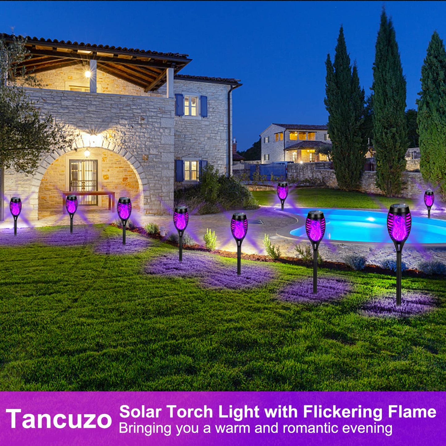 12 Pack Solar Tiki Torches, Flickering Yard Lights Outdoor Solar Powered Waterproof, Solar Pathway Lights for Garden Decor, Yard Decor, Landscape, Purple LED