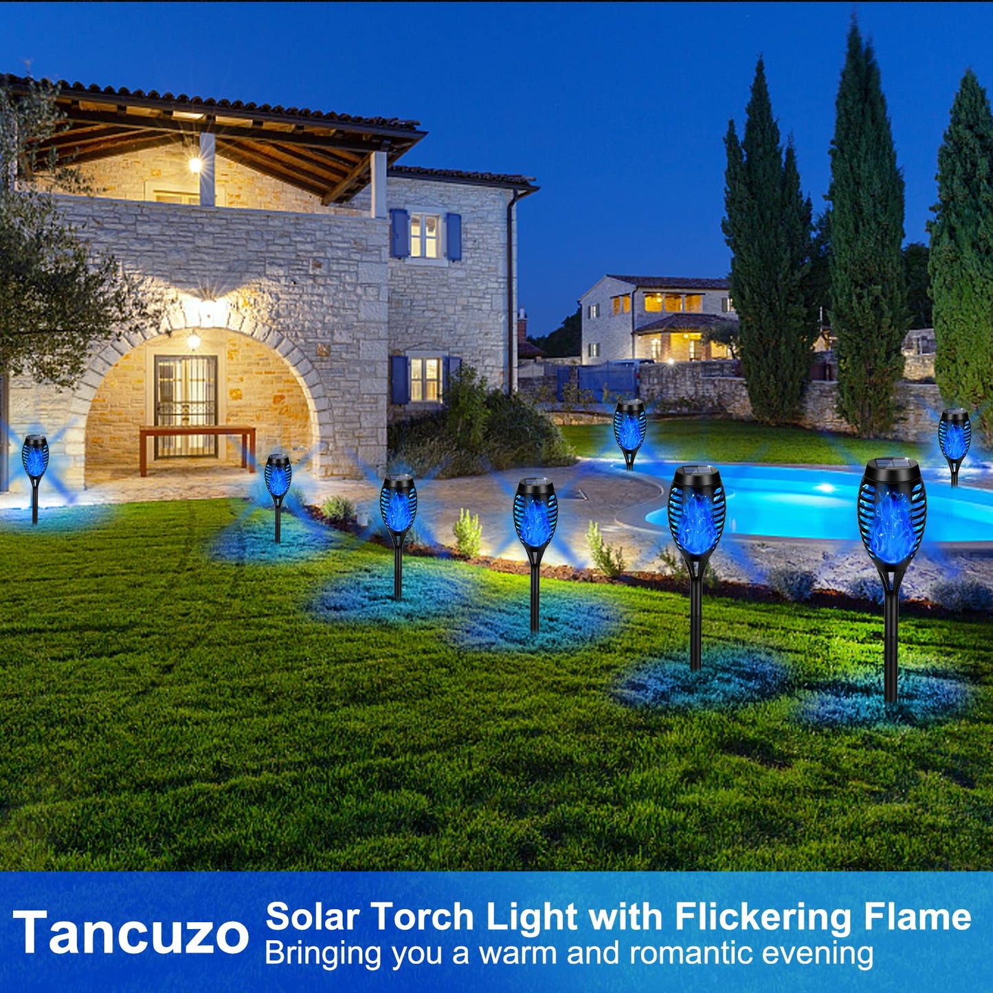 Solar Powered Outdoor Lights, 12PK Flickering Flame Solar Lights Outdoor Pathway, Solar Tiki Torches with Flickering Flame, Solar Garden Light Waterproof for Yard Decor, Landscape, Patio, Blue LED