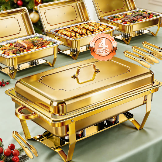 Dish Buffet Set 4 Pack, 9QT Stainless Steel Square Chafing Dishes with Full Gold Plating Rack, 12 Inch Gold Plum Blossom Serving Tongs  for Parties, Events, Wedding, Camping, Dinner