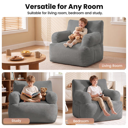 BAOKALER Kids Bean Bag Chair, Filled with Memory Foam, Toddler Kids Floor Lazy Sofa with Side Pocket, Lightweight Comfort Lounge Chair for Gaming, Reading, Relaxing, Gray