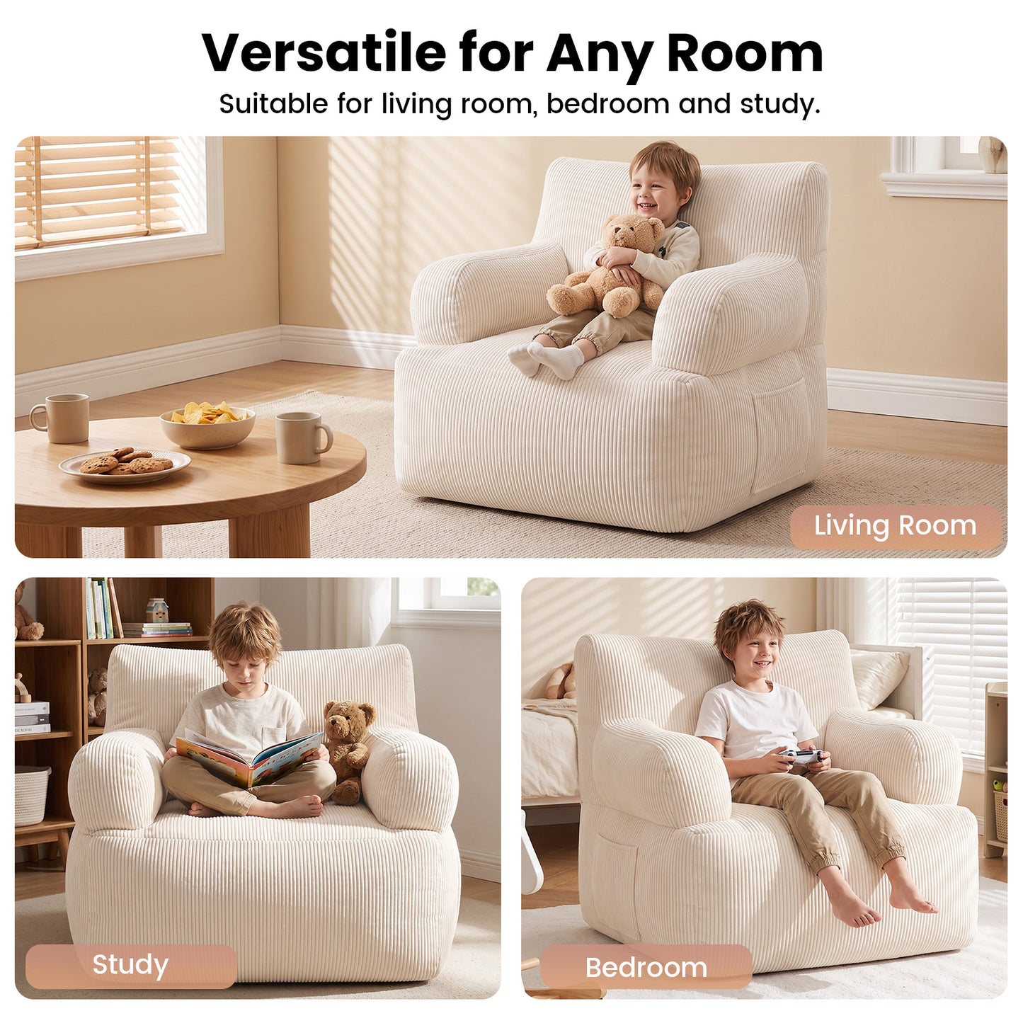 BAOKALER Kids Bean Bag Chair, Filled with Memory Foam, Toddler Kids Floor Lazy Sofa with Side Pocket, Lightweight Comfort Lounge Chair for Gaming, Reading, Relaxing, Beige