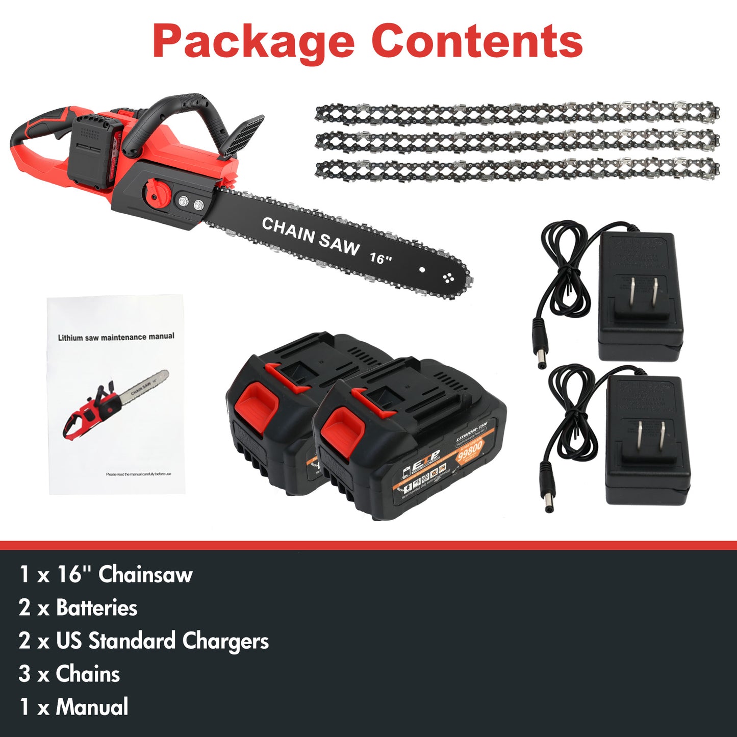 16-inch Cordless Chainsaw with 2x3000mAh Batteries, Electric Chainsaw with 3 Chains & Dual Chargers for Wood Cutting Tree Trimming