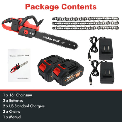 16-inch Cordless Chainsaw with 2x3000mAh Batteries, Electric Chainsaw with 3 Chains & Dual Chargers for Wood Cutting Tree Trimming