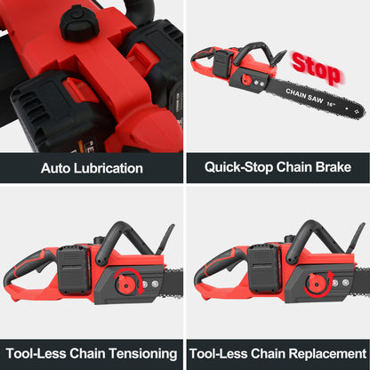 16-inch Cordless Chainsaw with 2x3000mAh Batteries, Electric Chainsaw with 3 Chains & Dual Chargers for Wood Cutting Tree Trimming