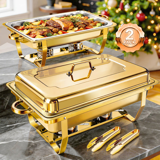 Dish Buffet Set 2 Pack, 9QT Stainless Steel Square Chafing Dishes with Full Gold Plating Rack, 12 Inch Gold Plum Blossom Serving Tongs  for Parties, Events, Wedding, Camping, Dinner