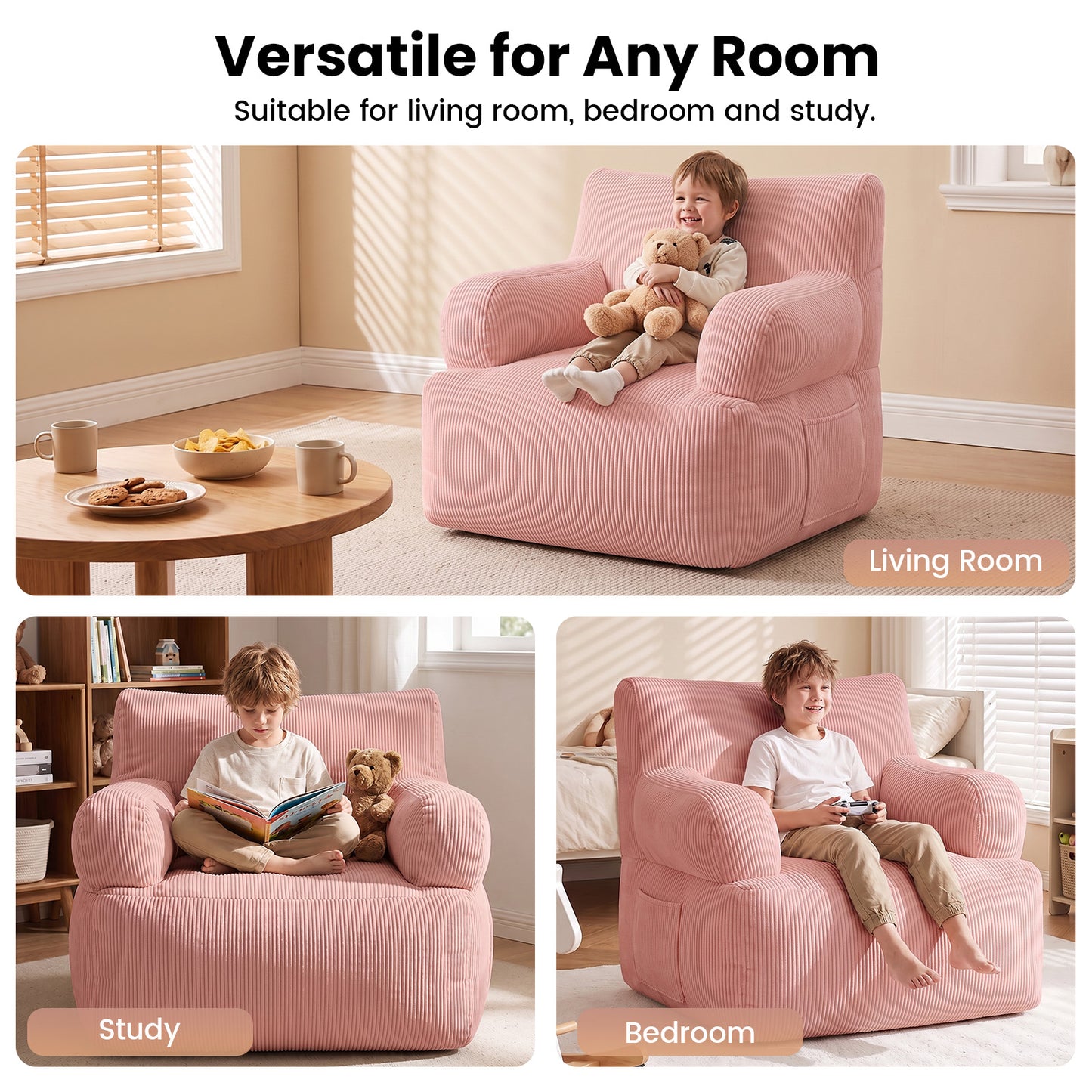 BAOKALER Kids Bean Bag Chair, Filled with Memory Foam, Toddler Kids Floor Lazy Sofa with Side Pocket, Lightweight Comfort Lounge Chair for Gaming, Reading, Relaxing, Pink