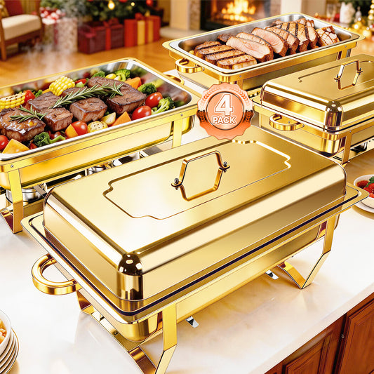 Dish Buffet Set 4 Pack, 9QT Stainless Steel Square Chafing Dishes with Full Gold Plating Rack, Buffet Servers and Food Warmers for Catering, Parties, Weddings, Camping and Dinner Events