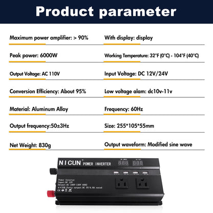 6000W Car Power Inverter DC 12V To 110V AC with Dual Outlets and USB Charger, High-Capacity Power Converter for Vehicles Trucks Camping and Outdoor Use, Solar Converter LCD Display