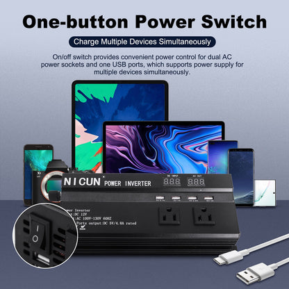 6000W Car Power Inverter DC 12V To 110V AC with Dual Outlets and USB Charger, High-Capacity Power Converter for Vehicles Trucks Camping and Outdoor Use, Solar Converter LCD Display